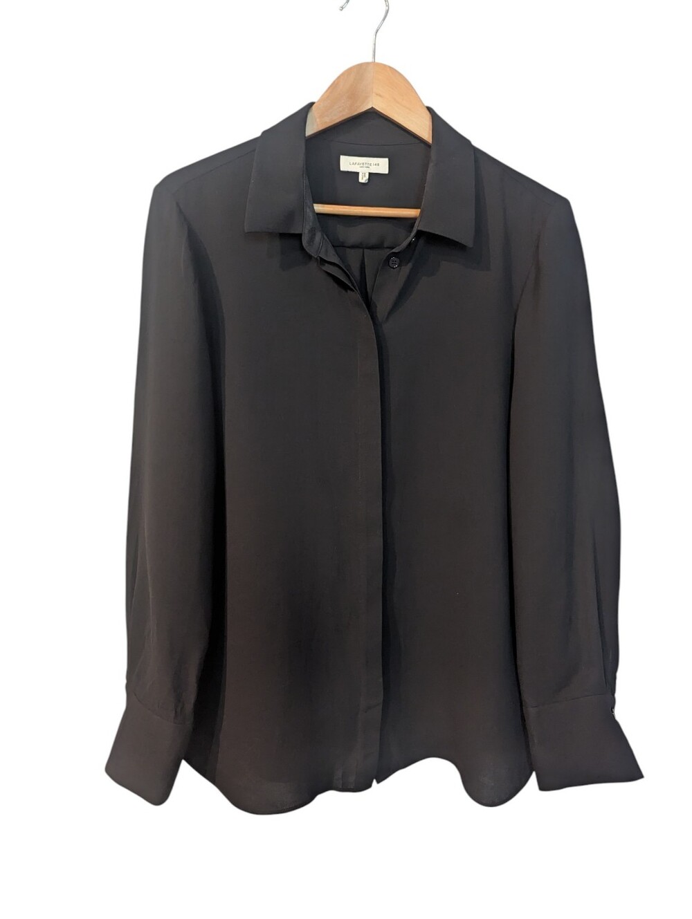 LAFAYETTE 148 Scottie Black Silk Button-Front Collared Blouse Large - Picture 3 of 7